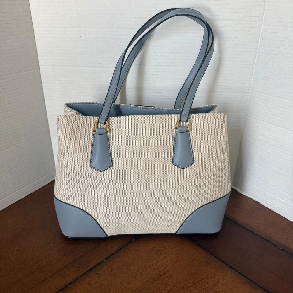 Nine West Canvas Tote Bag Light Blue Trim Triple Compartment Shoulder Bag NWT